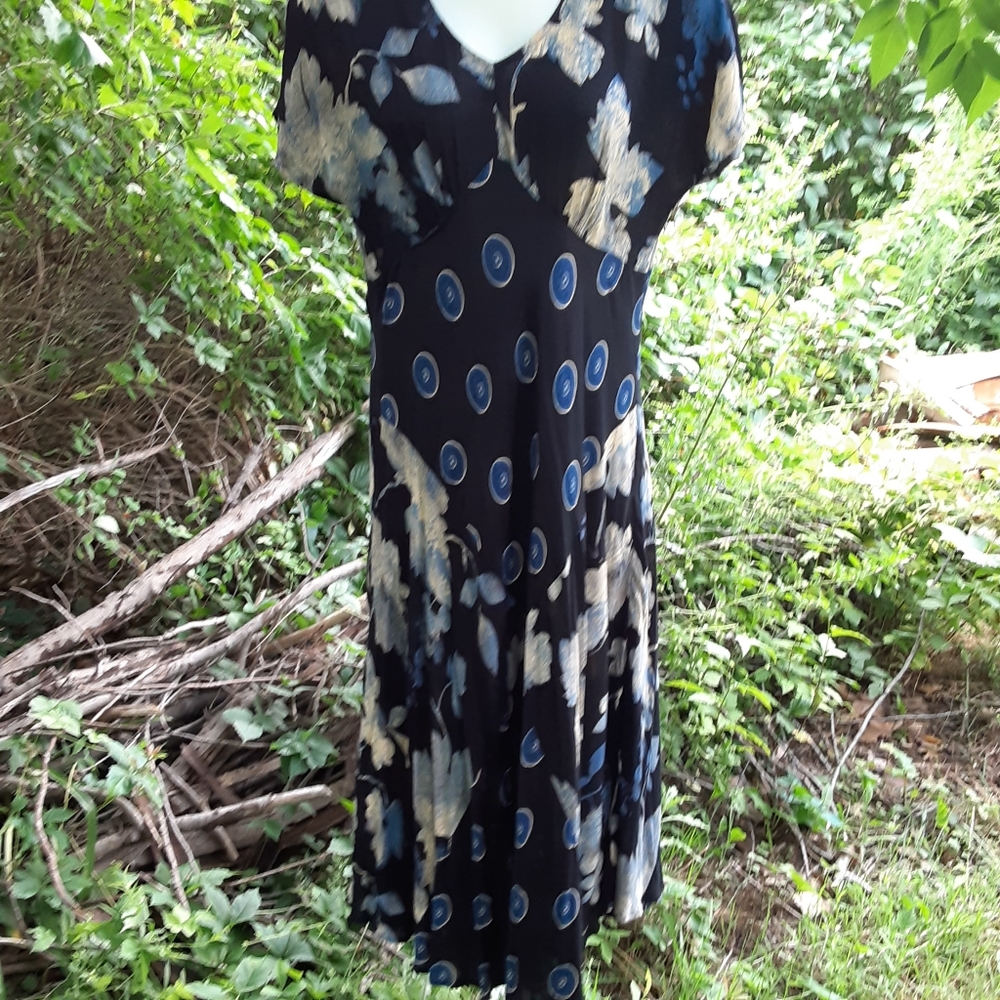 🖤 SO Good: Vintage 90s Floral Indigo Mexican Flowy Dress in vtg 14 - Picture 3 of 9